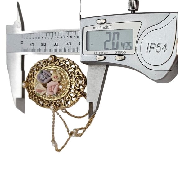 1928 Brand Porcelain Rose Victorian Style Chatelaine Chain Filigree Brooch, L409 - Picture 6 of 8